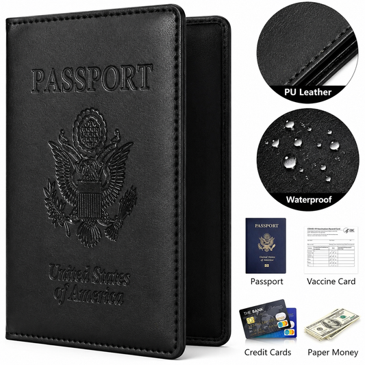 Premium PU Leather Passport Holder & Travel Document Cover – Waterproof Passport Wallet with Card Slots, Black Travel Organizer