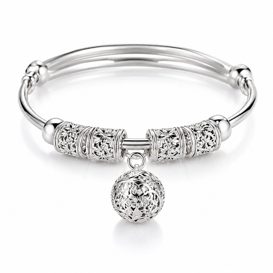 Elegant Silver-Tone Bangle Bracelet with Floral Engraved Design & Round Dangle Charm – Stylish Fashion Jewelry for Women