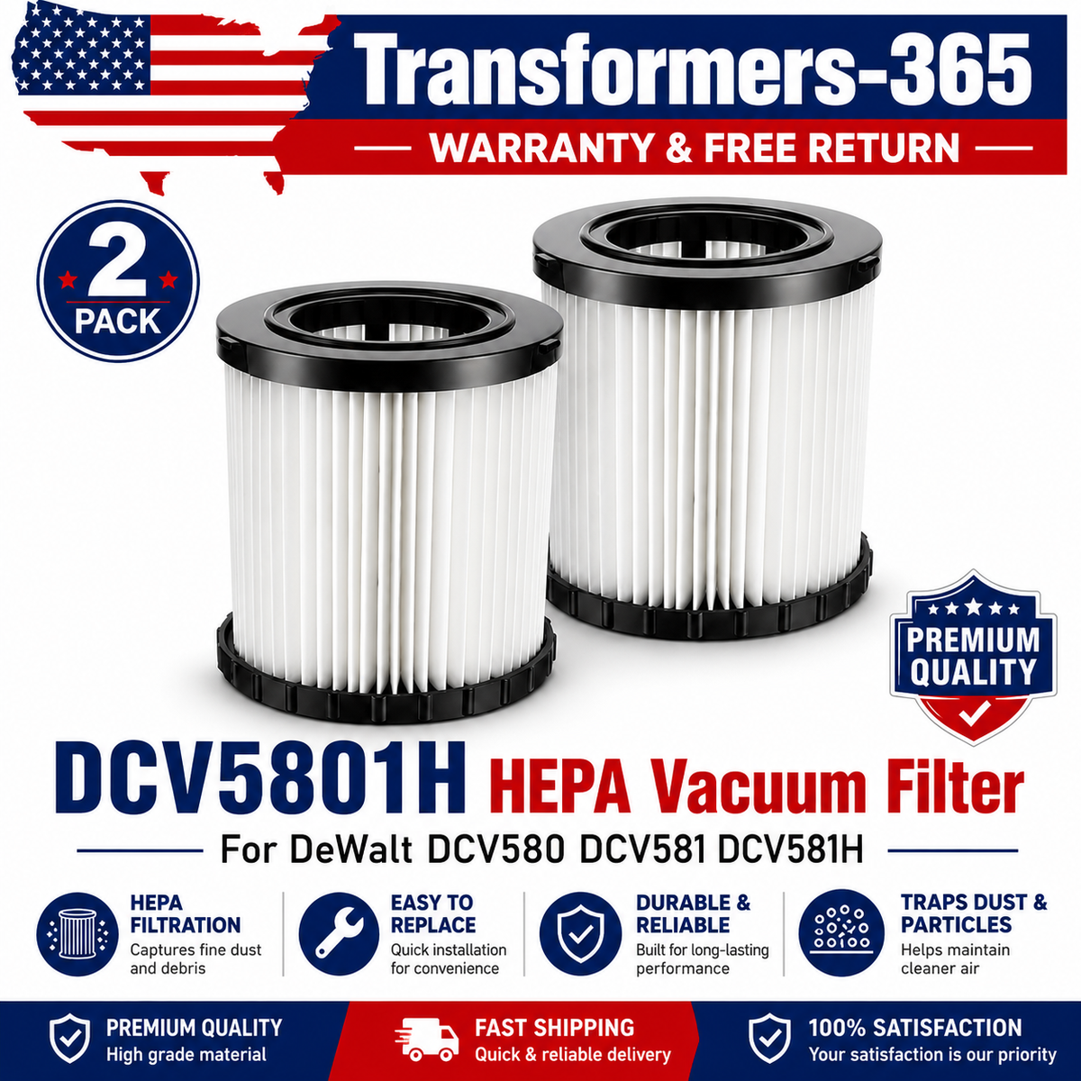 2PC Washable HEPA Vacuum Filter For DeWalt DCV580 DCV581H DCV5801H