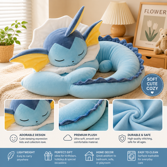 Giant Vaporeon Sleeping Plush - 30 inch Body Pillow Wrap Around - Soft Cuddle To
