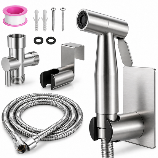Stainless Steel Handheld Bidet Sprayer Set – Toilet Shower Spray Kit with Flexible Hose, Wall Holder & Installation Accessories